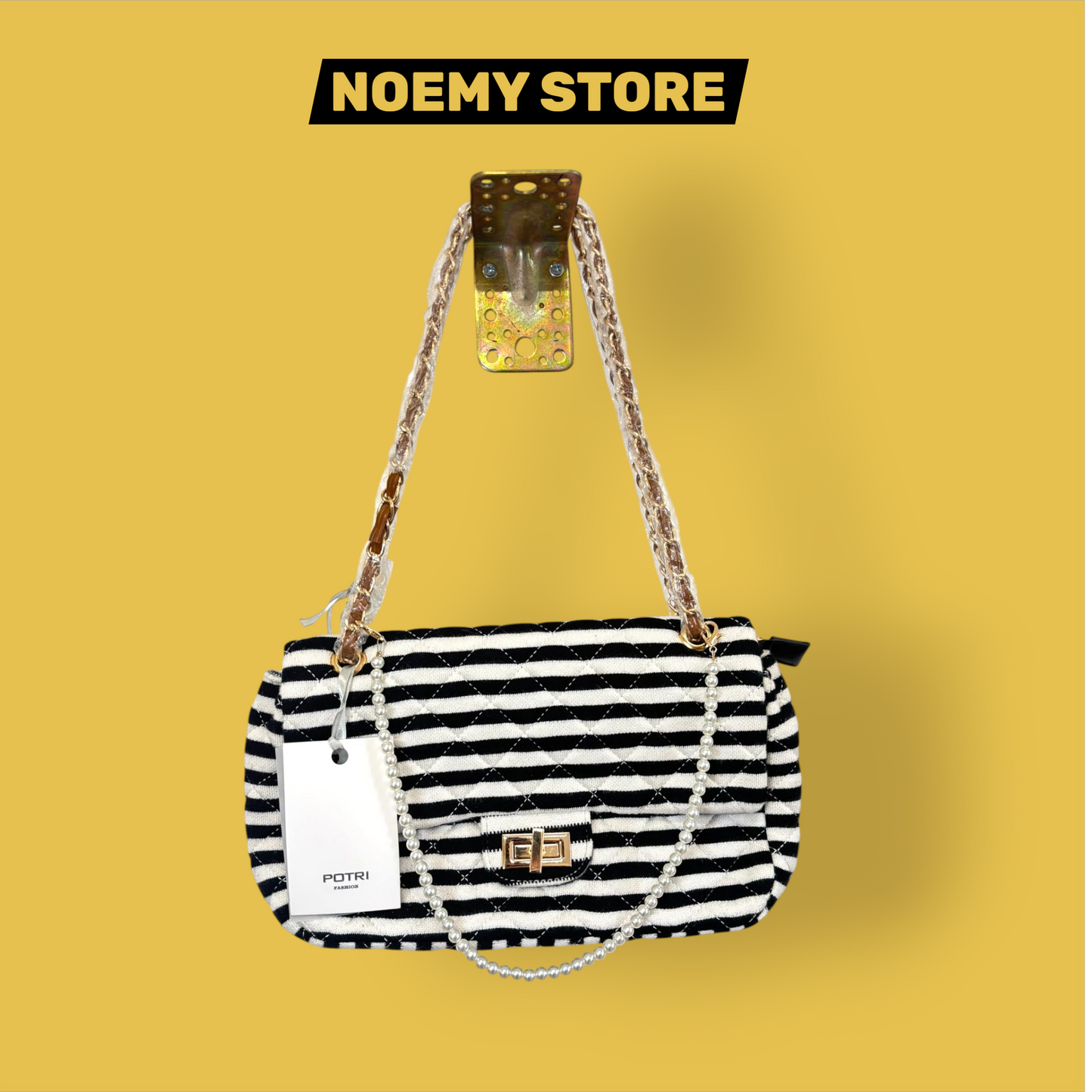 Borsa a Spalla Matelassé POTRI a Righe Bianco/Nero con Catena e Perle