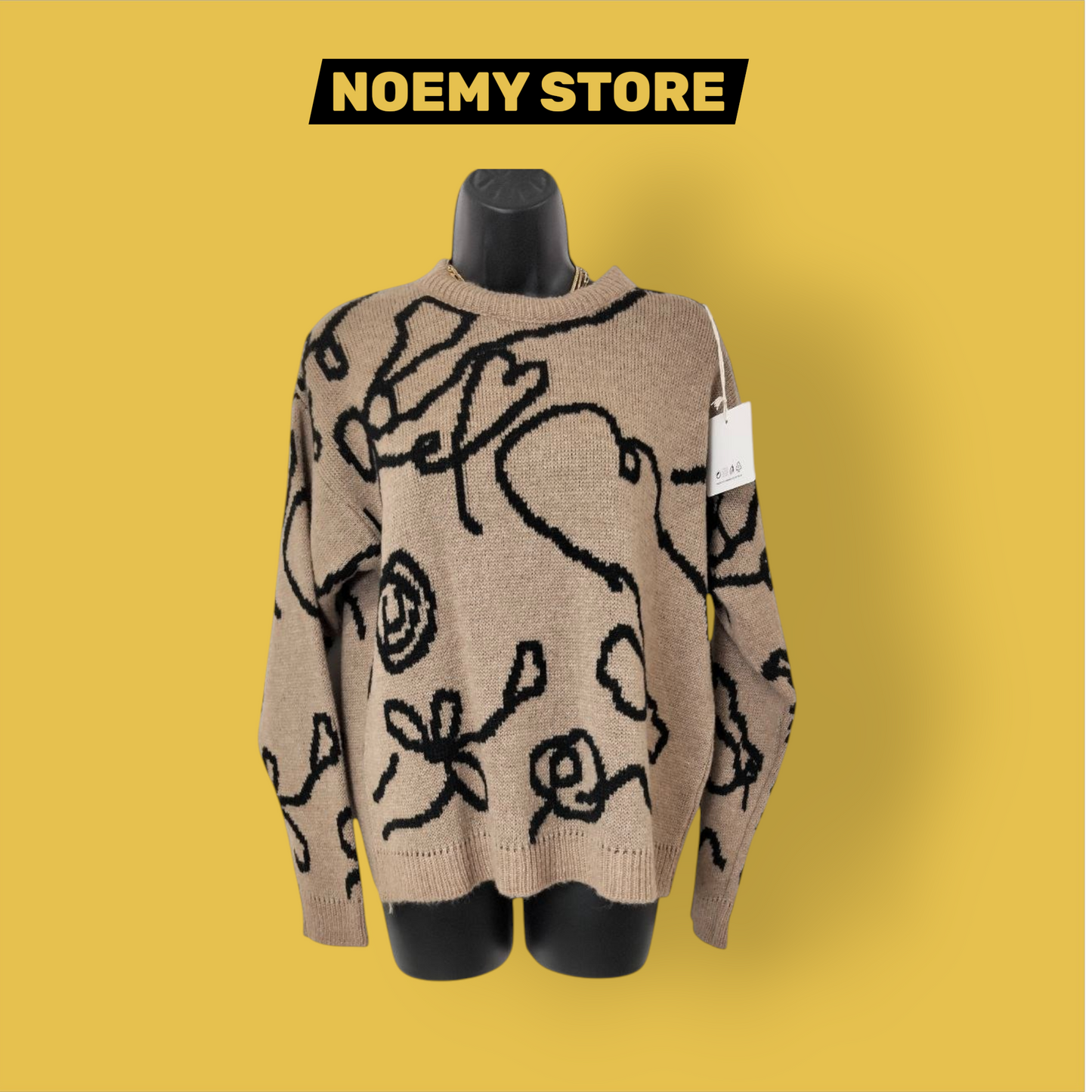 Maglione Oversize Beige Nero Fantasia Astratta Morbido