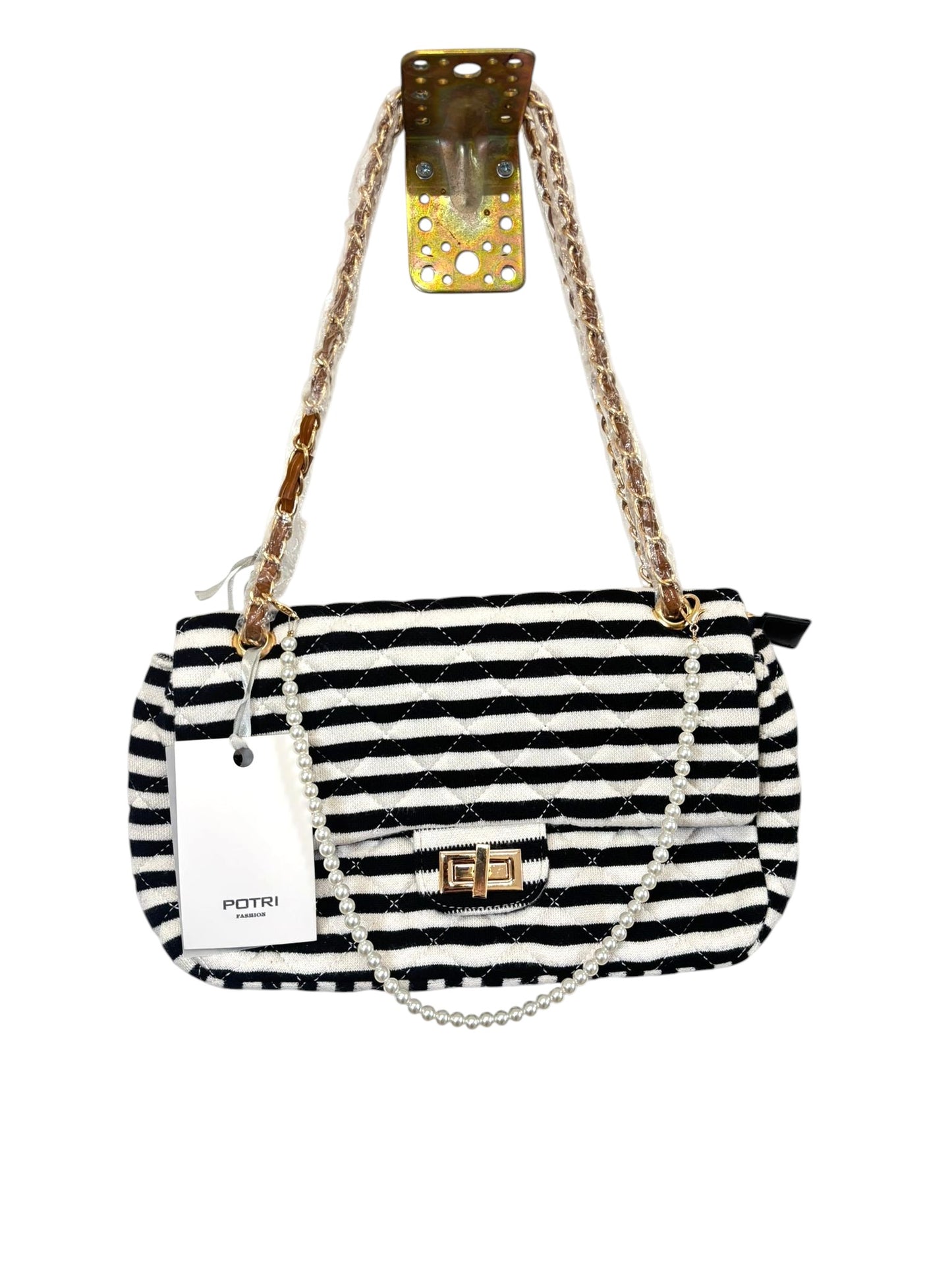 Borsa a Spalla Matelassé POTRI a Righe Bianco/Nero con Catena e Perle