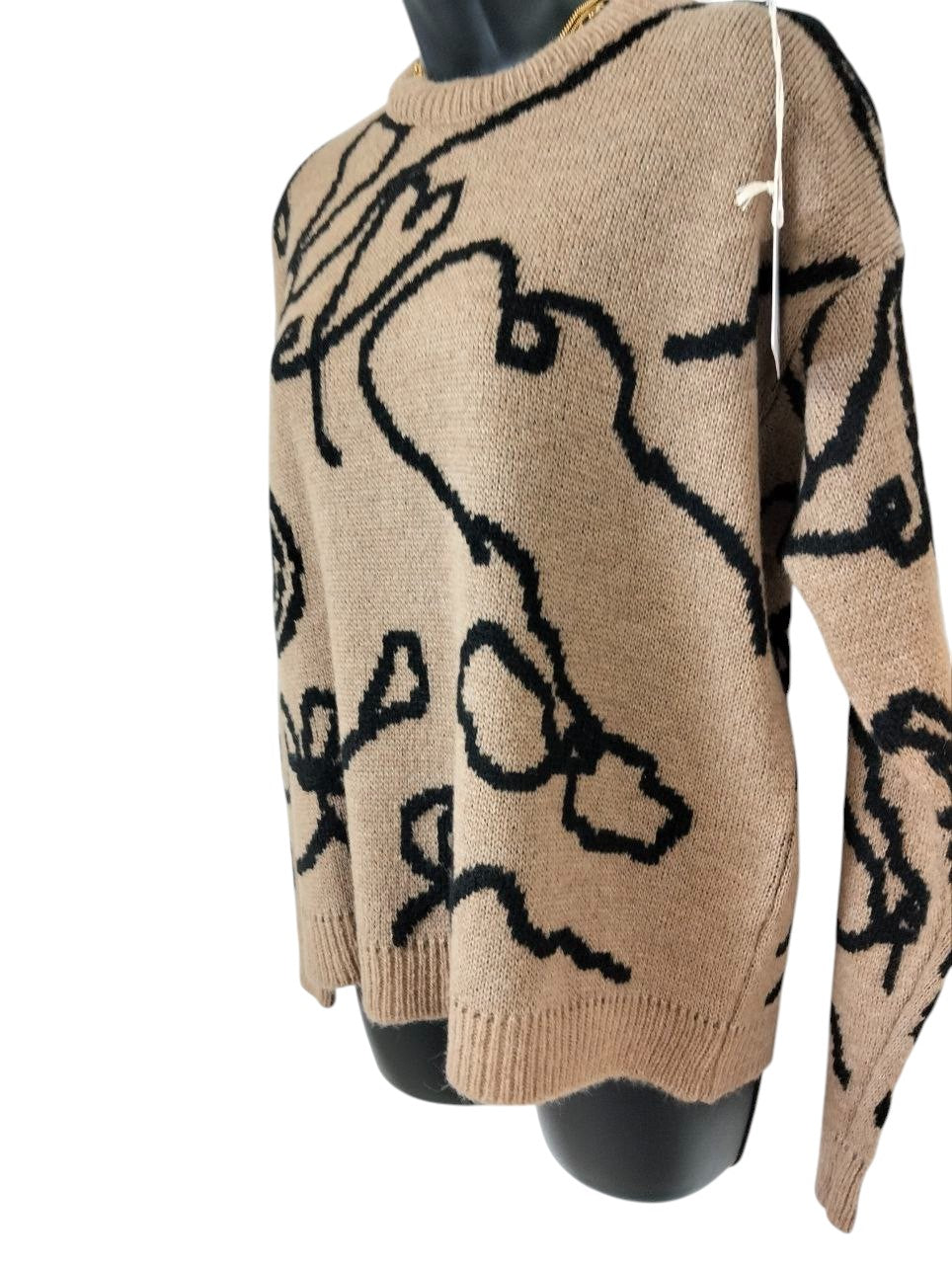 Maglione Oversize Beige Nero Fantasia Astratta Morbido