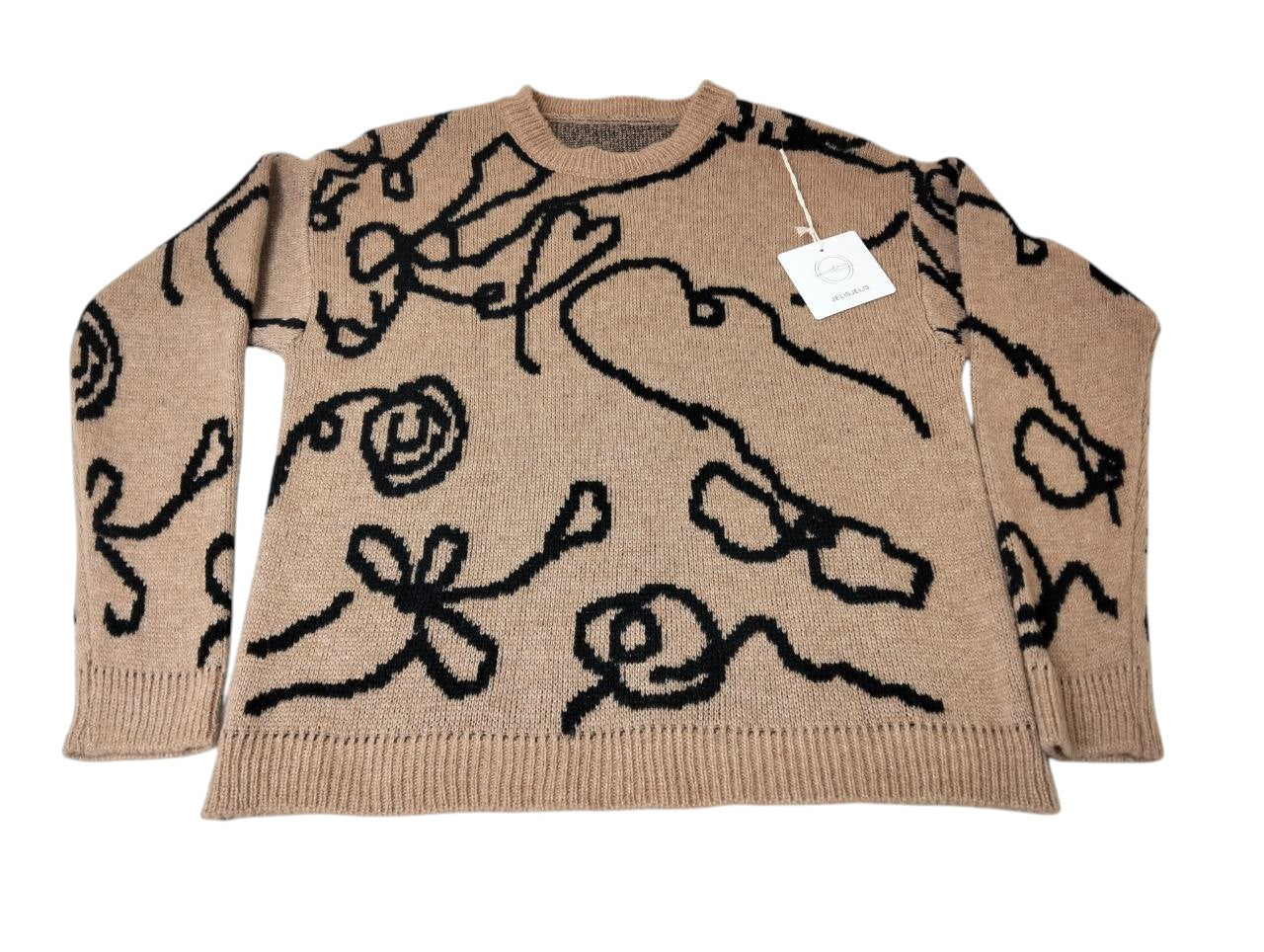 Maglione Oversize Beige Nero Fantasia Astratta Morbido