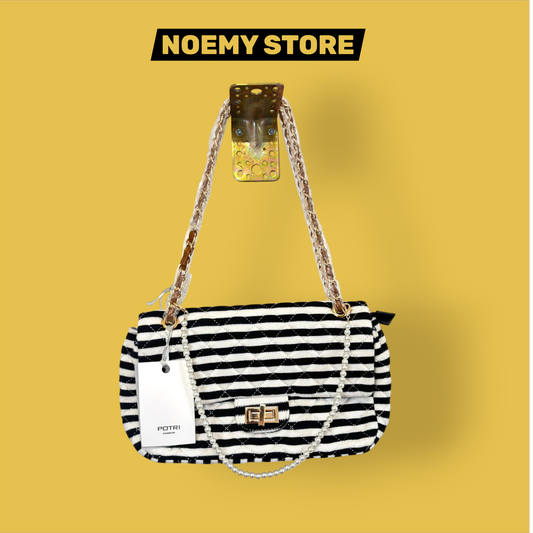 Borsa a Spalla Matelassé POTRI a Righe Bianco/Nero con Catena e Perle