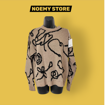 Maglione Oversize Beige Nero Fantasia Astratta Morbido