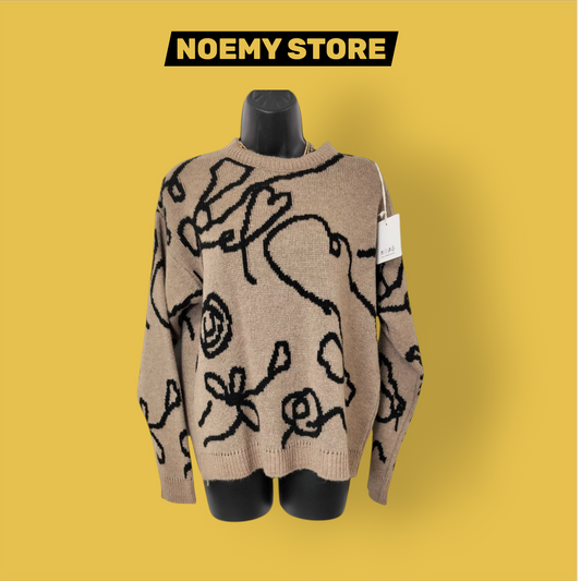Maglione Oversize Beige Nero Fantasia Astratta Morbido
