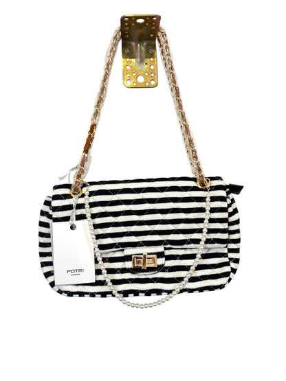 Borsa a Spalla Matelassé POTRI a Righe Bianco/Nero con Catena e Perle