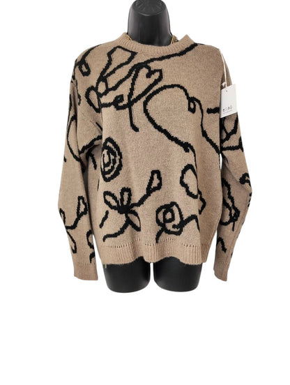 Maglione Oversize Beige Nero Fantasia Astratta Morbido