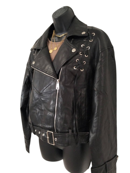 GIUBBOTTO ECOPELLE NERO BIKER/CHIODI - Oversize - Taglia L/XL